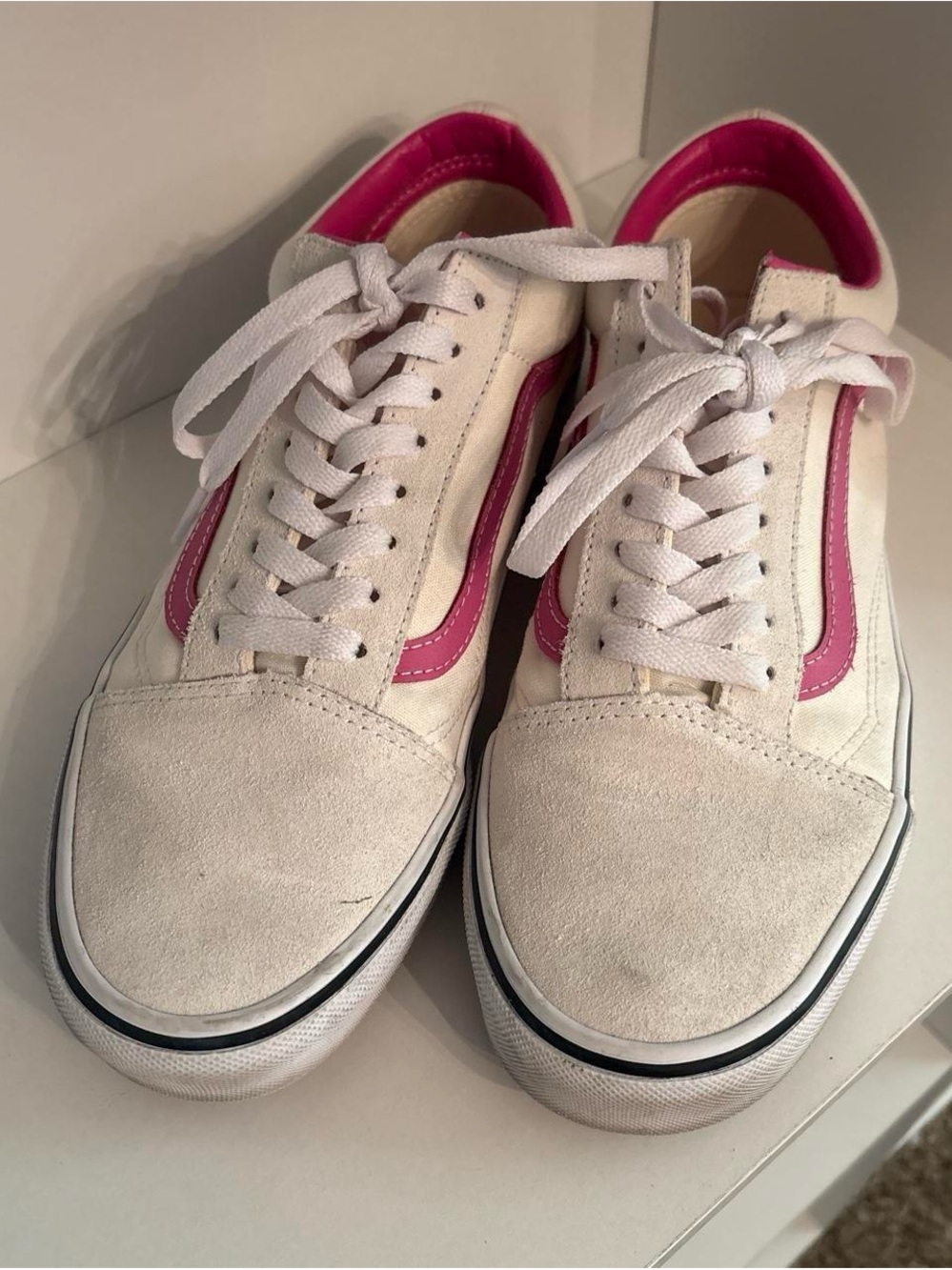 Vans Women’s Old Skool Sneakers in White with Pink Stripe